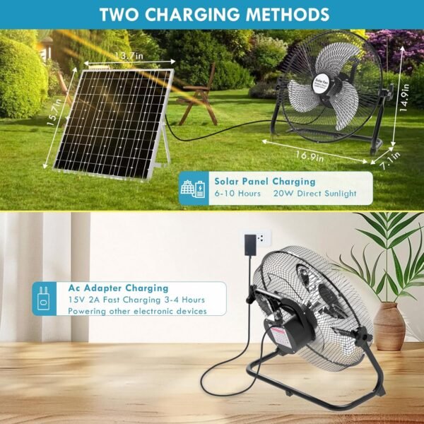 xingruyu 14'' Solar Powered Fan,15000mAh Rechargeable 2 in 1 Solar Panel or AC Charger Powered Solar Fan For Camping Fishing Household Indoor Outdoor - Image 2