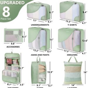 8 Set Packing Cubes for Travel, Anti-Tearing Suitcase Organizer for Luggage with Shoe & Hanging Toiletry Bag,Gifts for Women Mom,OlarHike Vacation Essentials & Accessories for Cruise Ship,Matcha Green