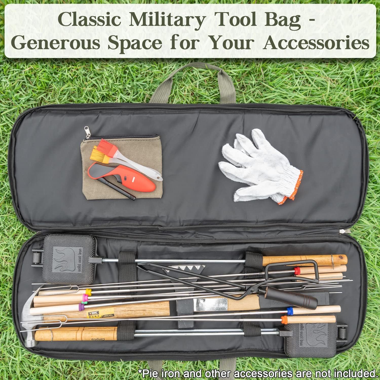 Deluxe Pie Iron Bag for Mountain Pie Maker Cast Iron Storage Fits up to 4, Heavy Duty Padding with Extra Pocket for Campfire Accessories, Strong Straps to Secure, Camping Storage Bag 32×12in - Image 5