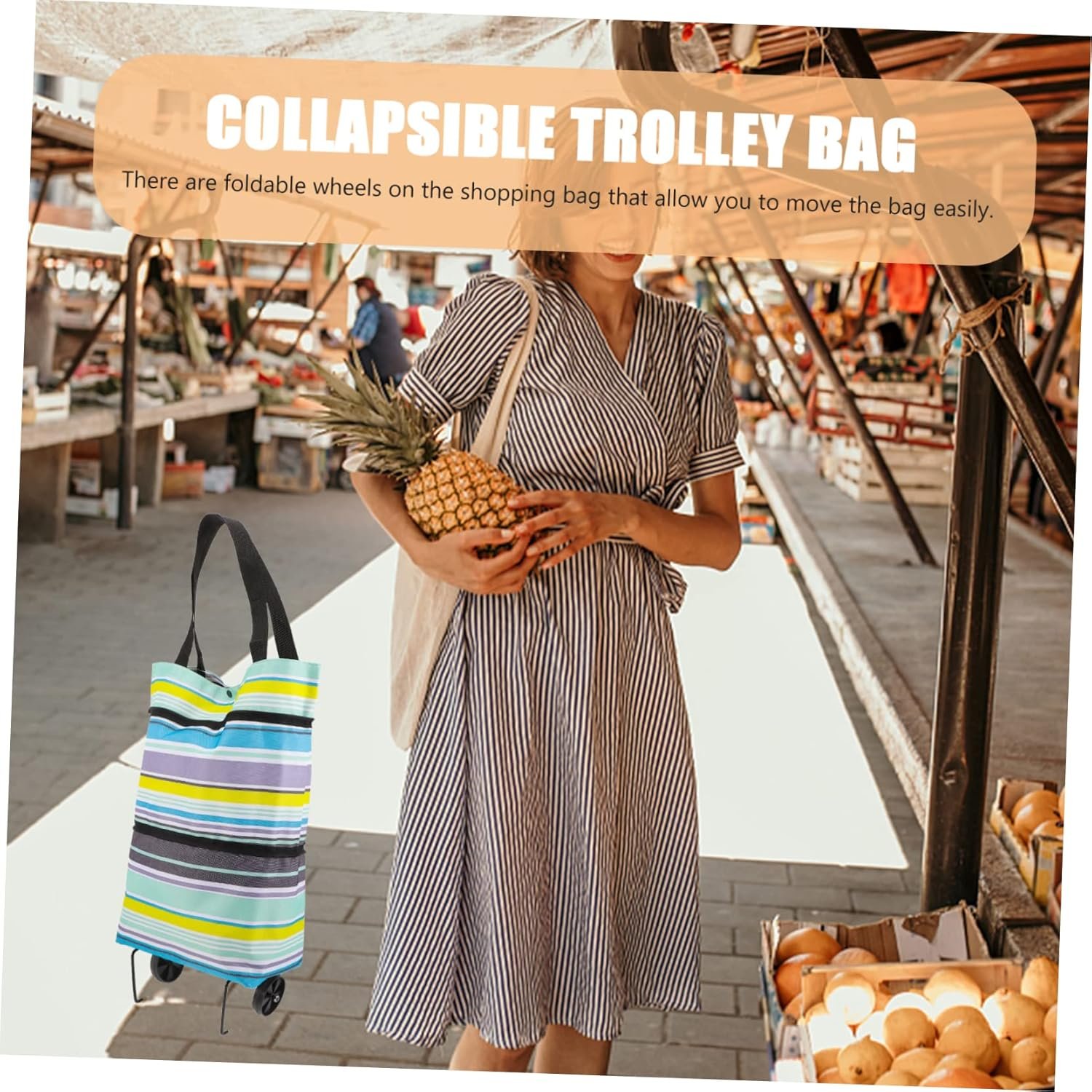 Collapsible Foldable Trolley Bag with Wheels Adjustable Handle Reusable Grocery Shopping Cart Storage for Laundry Fruits Vegetables Portable Foldable Shopping Tote Blue Stripe - Image 6