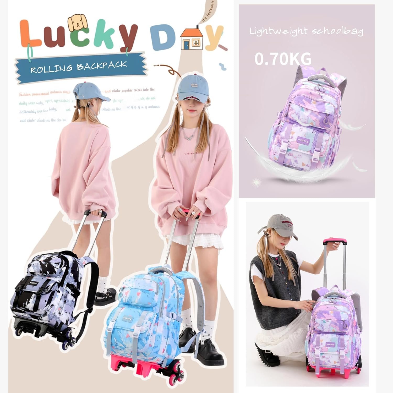 Kids Rolling Backpack for Girls School Backpack with Wheels for Boys Wheeled Bookbags Roller Trolley Bags for Primary Students, 6-Wheel Black - Image 7