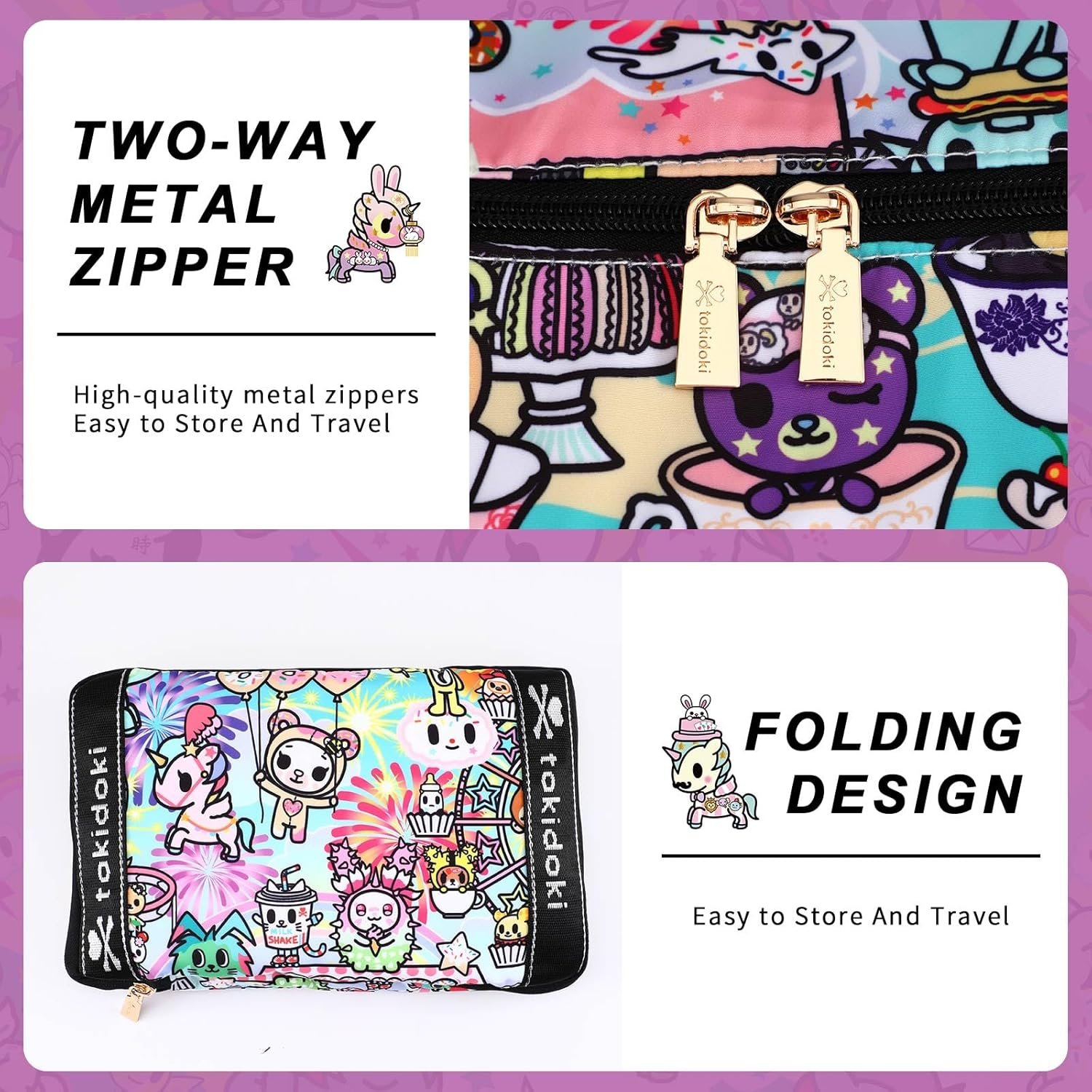 Tokidoki Unicorno Foldable Duffle Bag for Travel, 40L Expandable Weekender Bags with Trolley Sleeve Overnight Bags for Travelling (Colorful) - Image 6