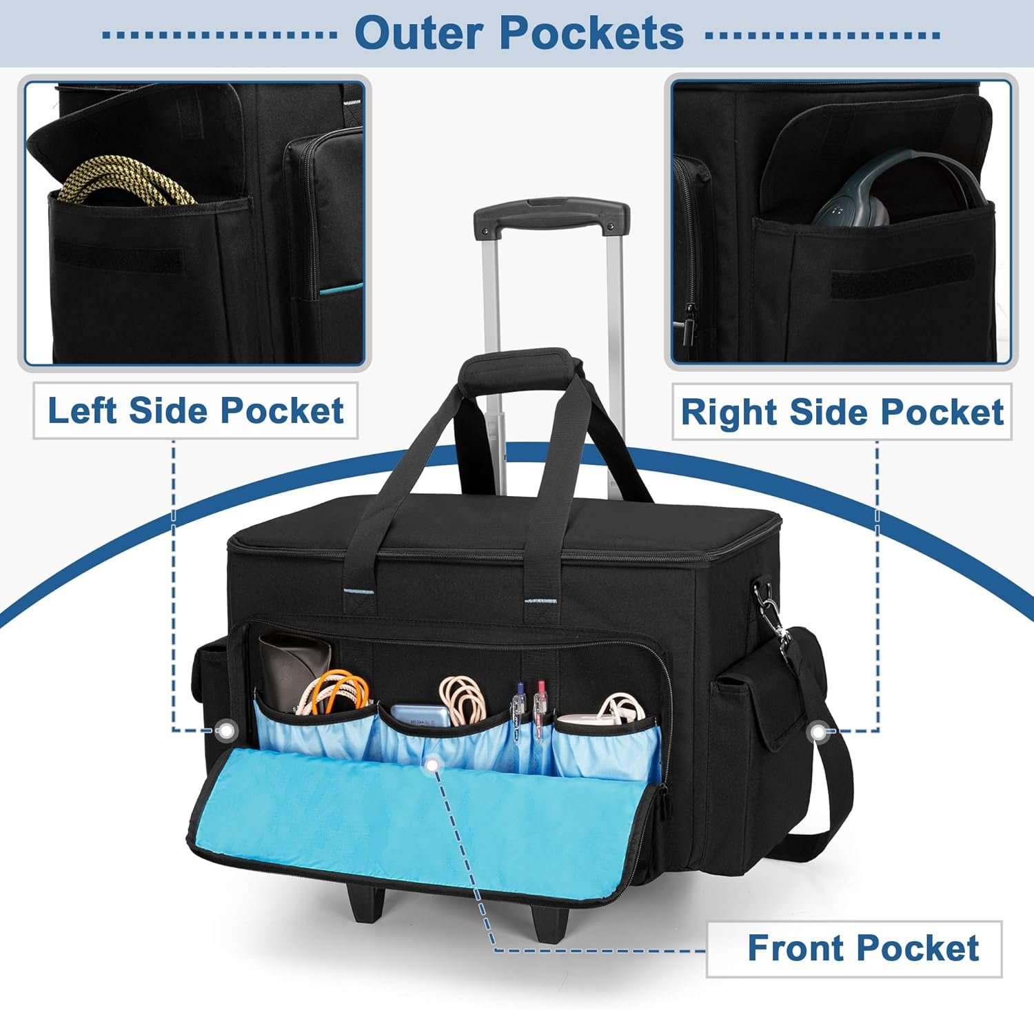 Large Rolling DJ Cable Bag, Padded Gig Bag with Detachable Trolley & Divider, Music Gear Case with Multi Pockets for 15.6" Laptop, DJ Gear, Musical Instrument, Sound Equipment Storage - Image 4