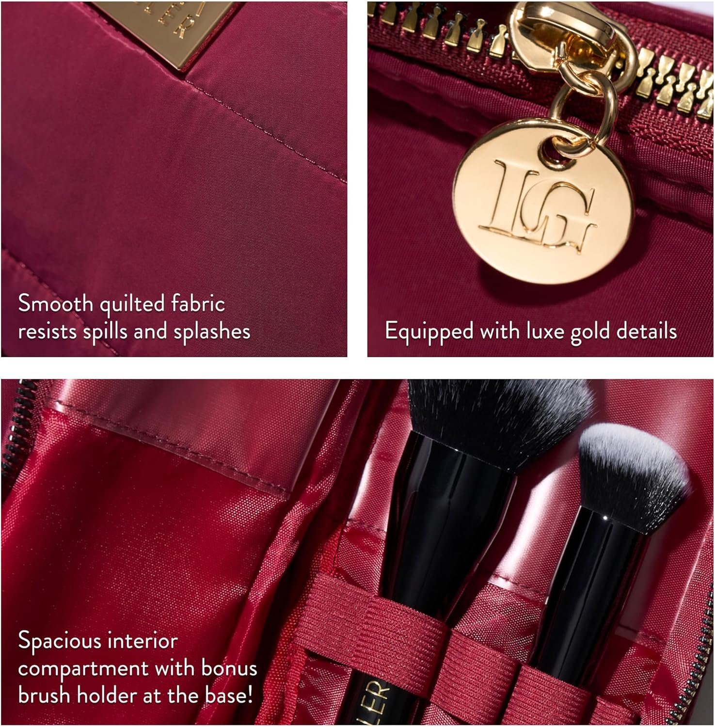 LAURA GELLER NEW YORK Quilted Makeup Bag with Brush Case, Burgundy - Toiletry Bag Organizer for Travel - Large Capacity Full Size Makeup Bag - Easy to Clean - Image 3