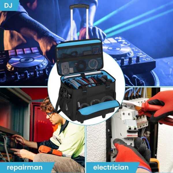 Rolling DJ Cable File Bag, DJ Gig Bag Padded Case with Detachable Trolley & Dividers, Cable Organizer with Multi-pocket & Compartment for 15.6'' Laptop, DJ Gear, Musical Instrument, Sound Equipment - Image 7