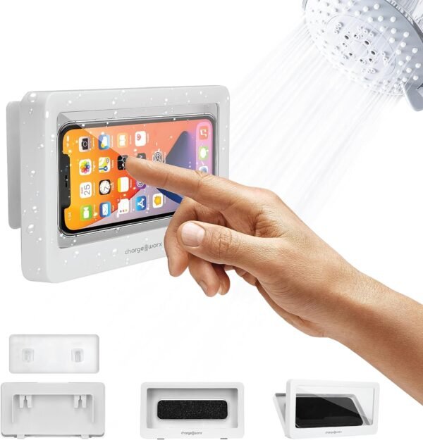 CHARGEWORX Portable Waterproof Shower Phone Holder, Wall-Mountable Smartphone Holder for Bathroom or Kitchen, Touchscreen-Enabled, Anti-Fog Design, Universally Compatible