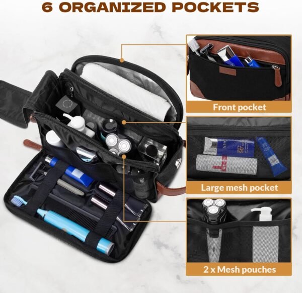 Travel Toiletry Bag for Men - Canvas Toiletries Bag with Multiple Pockets Large Hanging Dopp Kit Travel Bag for Toiletries Essentials Accessories - Black - Image 3