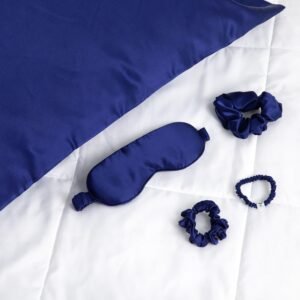 Silk Sleep Kit, Royal Blue Pillowcase with Sleep Mask and 3 Scrunchies Set, Hair Protection Accessories