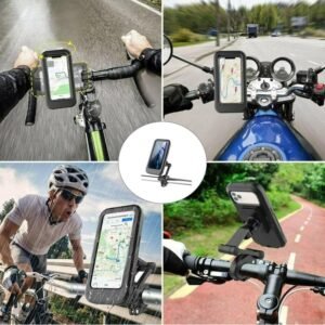 Waterproof Outdoor Sports Bike Phone Mount Case, Bicycle and Motorbike Handlebar Phone Holder with Secure Grip, Shockproof Design, 360 Degree Rotation Adjustable for Smartphones 4 to 6.7 Inches