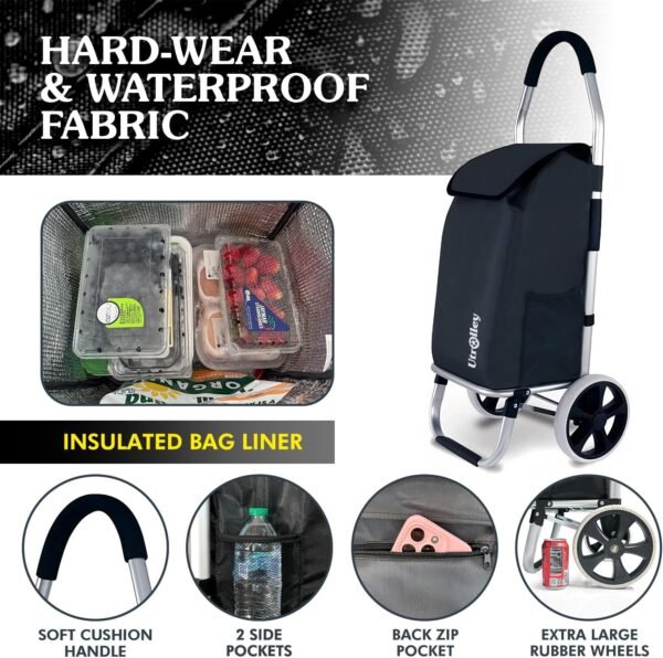 Ultra Lightweight Foldable Shopping Cart for Groceries, Large 40L Capacity Groceries Cart on Soft Rolling Wheels, Removable Bag, Multi-Use Personal Hand Truck (Black) - Image 3