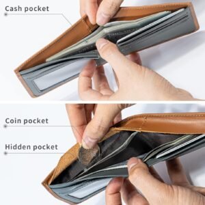 Slim Hide & Seek Wallet for Men With Hidden Pocket and Coin Pouch Rfid Blocking thin Genuine Leather Minimalist Bifold Cowhide with Gift Box（Brown & Premium Grey）