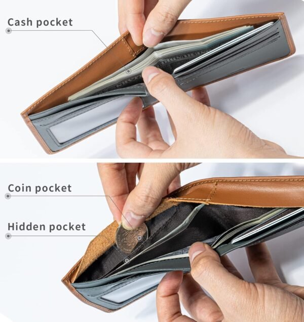 Slim Hide & Seek Wallet for Men With Hidden Pocket and Coin Pouch Rfid Blocking thin Genuine Leather Minimalist Bifold Cowhide with Gift Box（Brown & Premium Grey） - Image 2