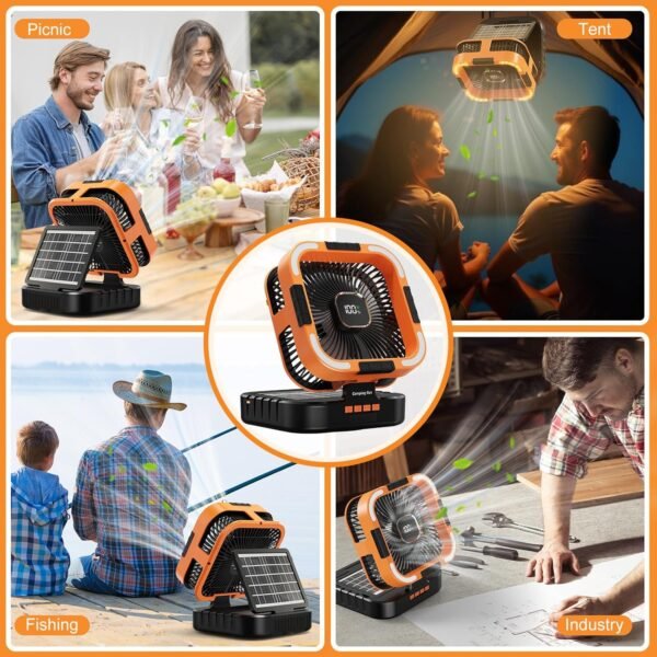 Portable Camping Fan with Solar Panel, 10000mAh Solar Powered fan, 6 Speed Levels, 120° Oscillation, 3 Light Modes, 6H Timer, Handle, Foldable Rechargeable Outdoor Fan for Tent, Hiking, Beach - Image 8