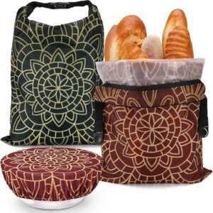 2 Pack Reusable Bread Bags for Homemade Bread, 17″×13″ Sourdough Bread Storage Bags with Bowl Cover – Keep Loaf Fresh and Easy to Wash(Brown Diamond)