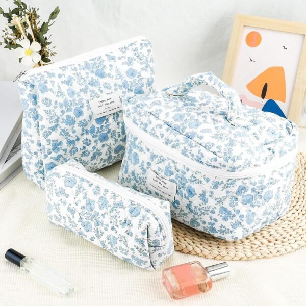 3Pcs Makeup Bag Quilted Cosmetic Bag Set Bow Travel Large Makeup Pouch for Women Cute Portable Cotton Toiletry Bag Skincare Organizer Coquette Vintage Travel Essential - Image 7