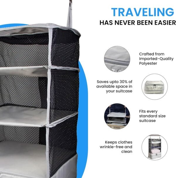 Stow-N-Go Portable Hanging Travel Shelves, Packing Organizer for Luggage. Carry on Closet with Hanger for Clothes. Expandable Packing Cube. Travel Essentials, Light Gray - L - Image 3