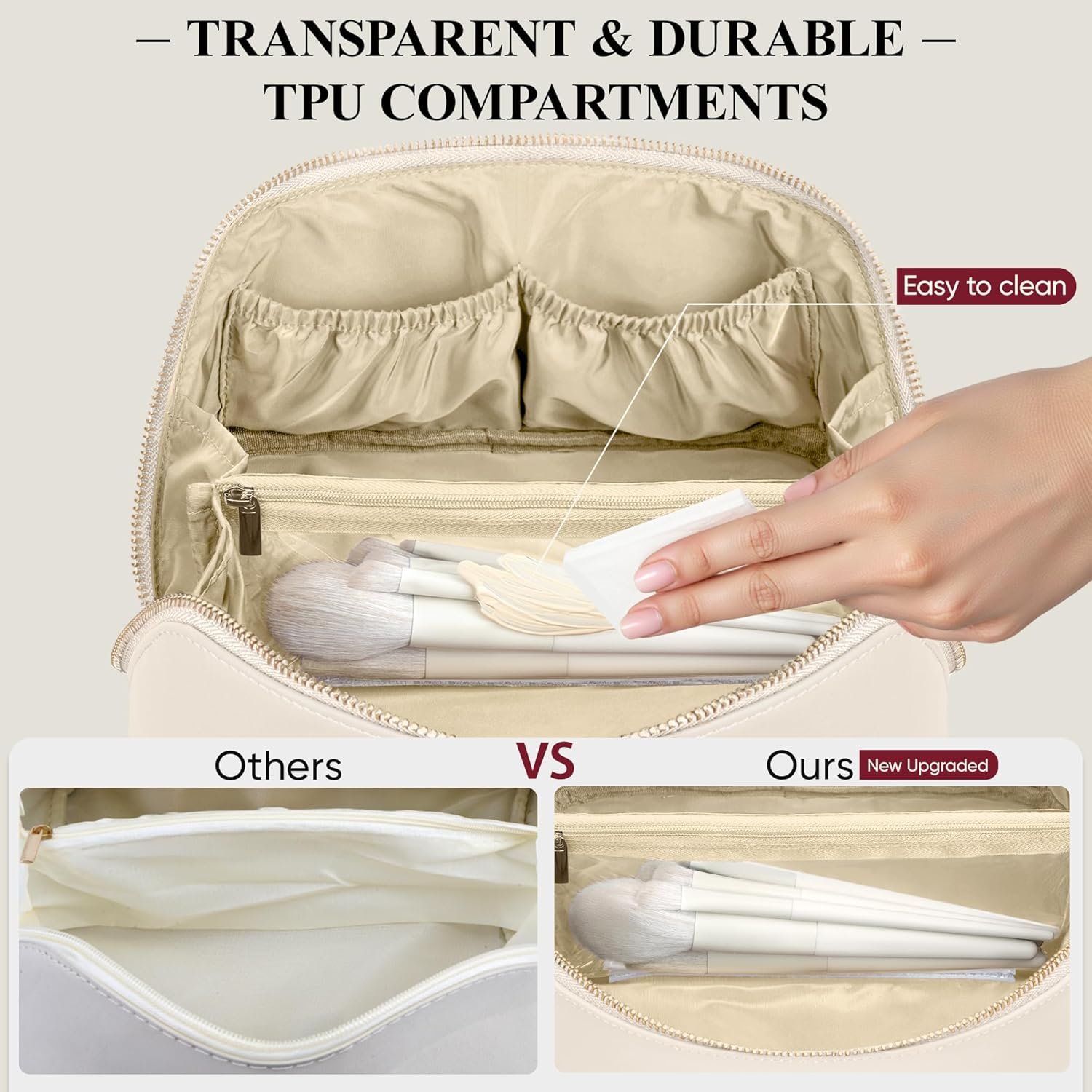 Travel Makeup Bag, Large Capacity Cosmetic Bags for Women, Waterproof Portable Pouch Open Flat Make up Organizer Bag with Dividers and Handle, Toiletry Bag for Essentials, Beige - Image 4