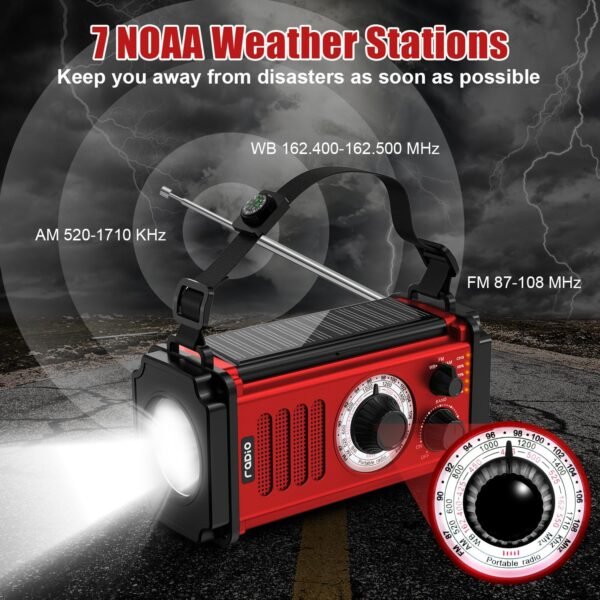 37000mWh Hand Crank Emergency Radio, Portable Solar AM/FM/NOAA Weather Radio with Rechargeable Battery Powered, USB Charger, SOS Alarm, Flashlight/Reading Lamp for Home Outdoor Survival-Red - Image 2