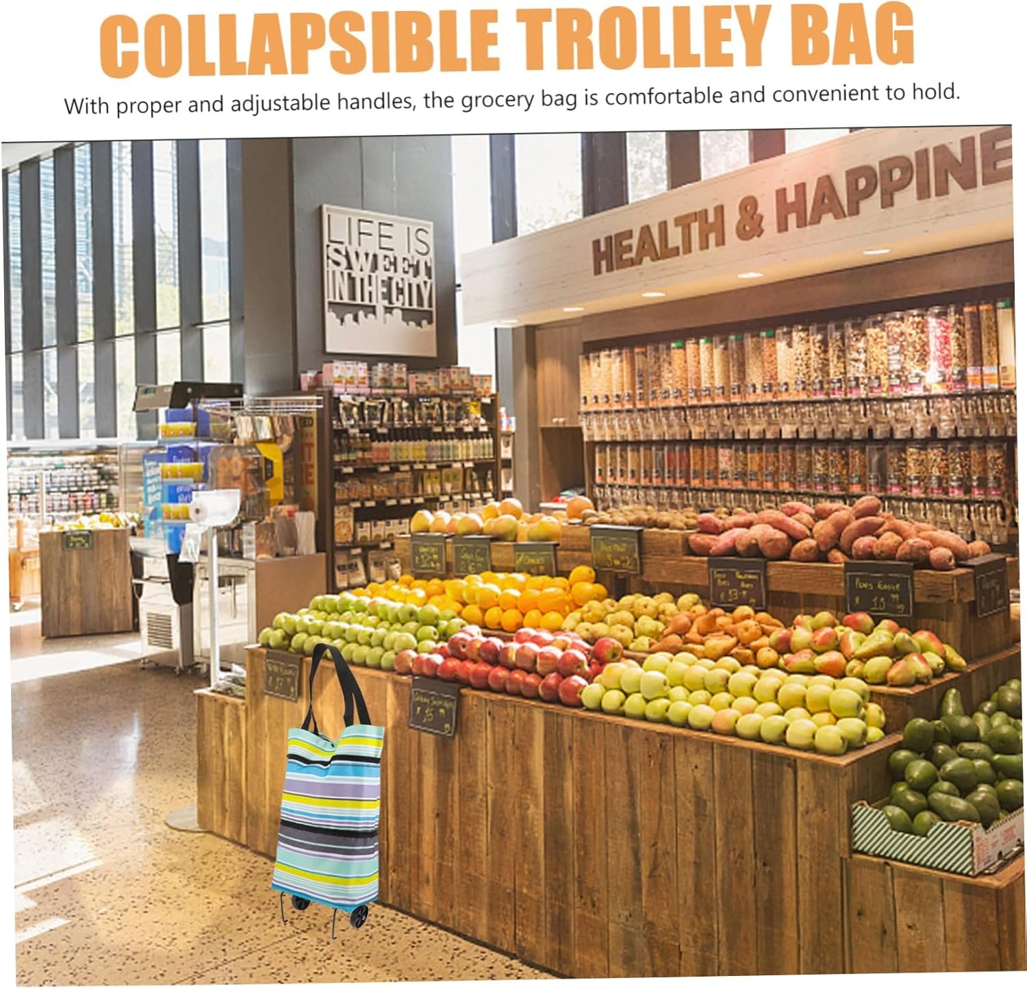 Collapsible Foldable Trolley Bag with Wheels Adjustable Handle Reusable Grocery Shopping Cart Storage for Laundry Fruits Vegetables Portable Foldable Shopping Tote Blue Stripe - Image 9