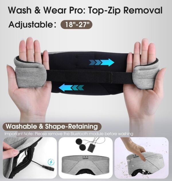 Sleep Mask with Headphones Bluetooth 5.4, TOPOINT Blackout Eye Mask for Sleeping Headphones Earphones with Soft Bamboo Cotton Cooling Breathable, HD Stereo Speaker for Side Sleepers Women Men Travel - Image 7