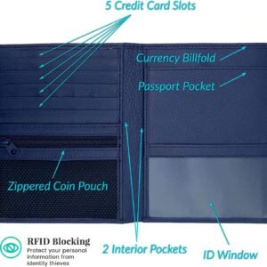 Blue RFID Genuine Leather Passport Wallet
