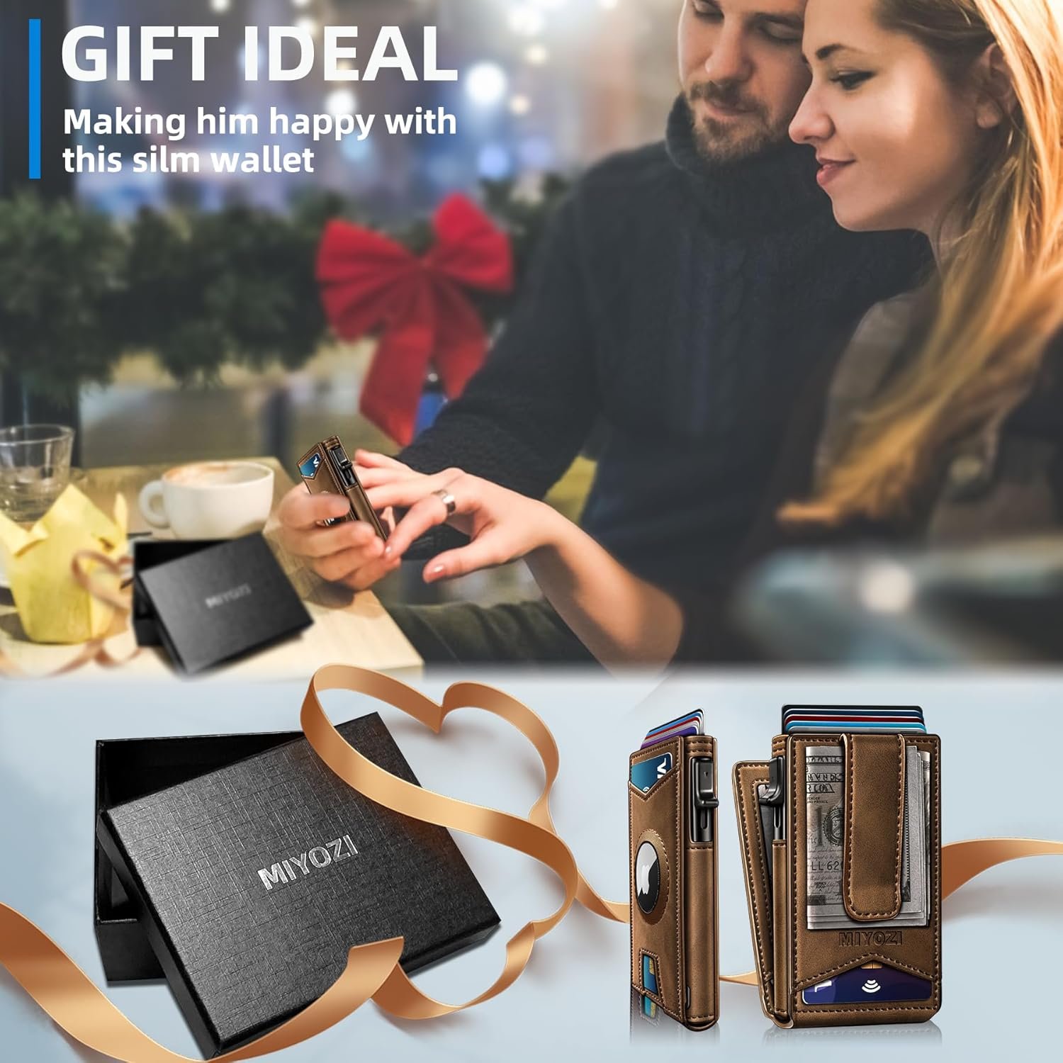 Airtag Wallet for Men,with Money Clip Gift Boxed,Slim Front Pocket Wallet RFID Blocking Metal Case Smart Pop-up Credit Card Holder in Magnetic Leather Flip - Image 8