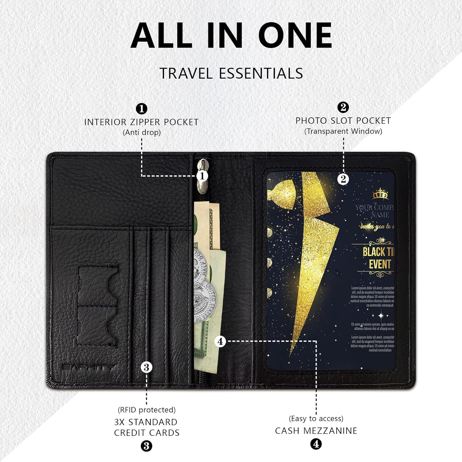 Genuine Leather Passport Holder Wallet Cover Gift for Women and Men-Gifts for Dad from Daughte-Travel Essentials Rfid Passport document Holder with Zipper Slot (Black) - Image 3