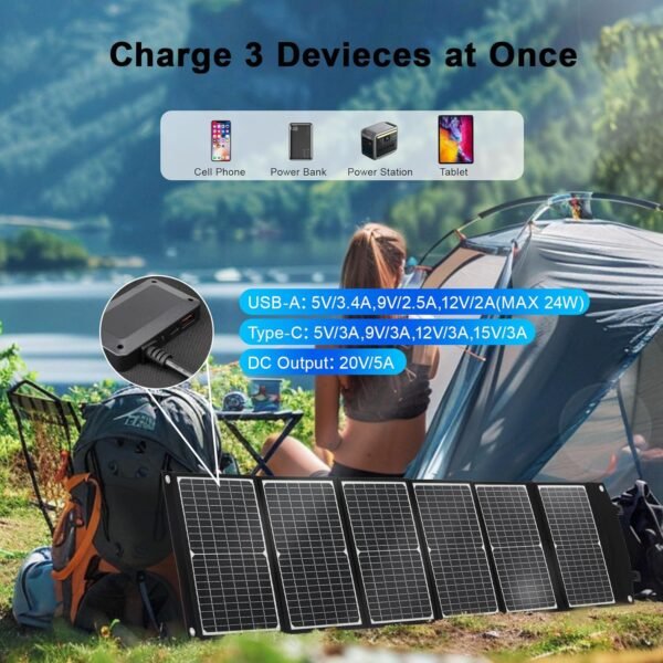 100 Watt Portable Solar Panel, Foldable Solar Panel Charger with Kickstands, QC3.0 USB-A USB-C & DC Output for Phone/Power Station, IP65 Waterproof for Camping Backpacking Hiking RV Blackout - Image 3