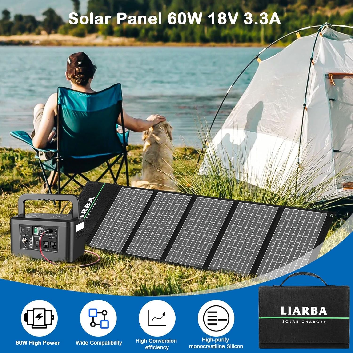 60watt Portable Solar Panels, Ip65 Waterproof Foldable Solar Panel Dual USB Ports QC3.0 DC 60W, Solar Charger for Small Power Station Camping Hiking Outdoor Activities - Image 7