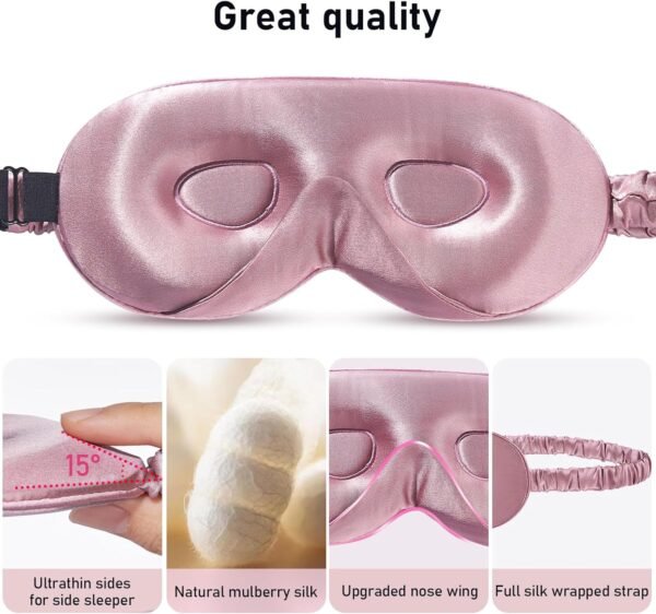 LitBear 100% 22 Momme Mulberry Silk Sleep Mask - 3D Contoured Eye Mask for Men & Women, Soft Breathable Sleeping Mask with Adjustable Strap, Perfect Blocks Light for Sleeping (Bean Pink) - Image 6