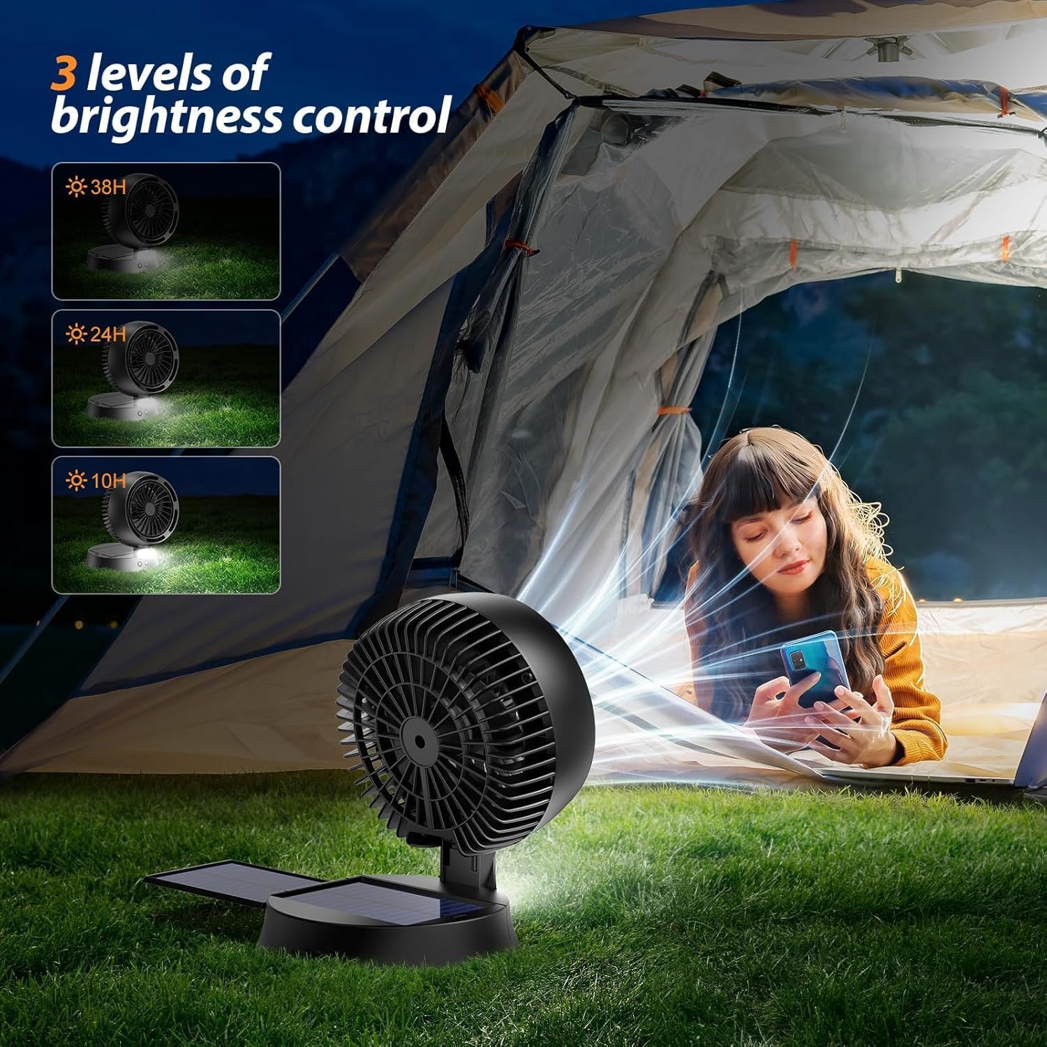 Rechargeable Solar Fan Outdoor for Camping - 10400mAh Battery Operated Fans Solar Portable Tent Fan for Greenhouse,LED Lantern,4 Speeds with PowerBank for Car,Ship,Carnival - Image 4