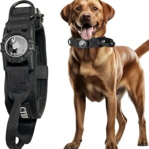 Heavy Duty Tactical Dog Collar with AirTag Holder, Adjustable GPS Tracking Collar for Small, Medium & Large Dogs, Compatible with Apple AirTag, Includes Control Handle for Added Security (Black, M)