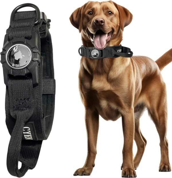 Heavy Duty Tactical Dog Collar with AirTag Holder, Adjustable GPS Tracking Collar for Small, Medium & Large Dogs, Compatible with Apple AirTag, Includes Control Handle for Added Security (Black, M)