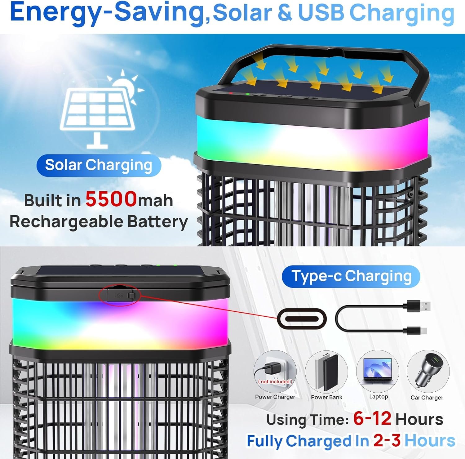 Solar Bug Zapper Outdoor 4000V Mosquito Zapper Solar 2IN1 Bug Repellent Outdoor Patio with 5500mAh Battery&LED,Electric Fly Zapper with Hook,Cordless&Rechargeable Mosquito Repellent for Patio Camping - Image 3