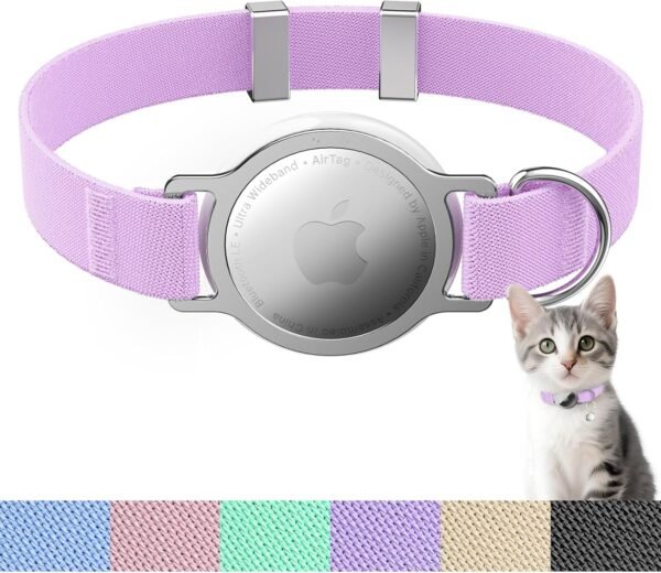 AirTag Cat Collar, Ultra Elastic Cat Tracker Collar, Airtag Holder Compatible with Apple Air Tag, [Lightweight & Scratch Resistant] Adjustable Stepless GPS Pet Collar for Cats Kittens (Purple)