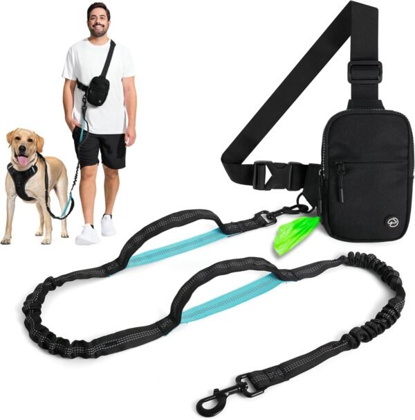Hands Free Dog Leash with Poopy Bag Dispenser and Dual Bungee, Crossbody Bag Storage - for Medium and Large Dogs (Black)