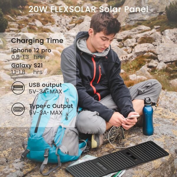 [Upgraded] FlexSolar 20W Portable Solar Panel, High Efficiency ETFE Foldable Panels with 5V USB A/USB C Ports, IP67 Waterproof Power Emergency Solar Charger for Phone Power Bank Camping Backpacking - Image 3