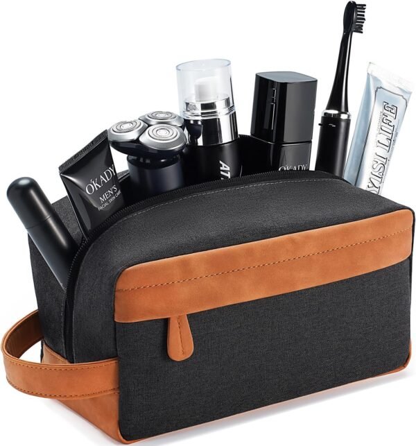 Travel Toiletry Bag for Men Hanging Dopp Kit Water Repellent PU Leather Shaving Bag with Large Capacity for Travel and Bathroom, Black