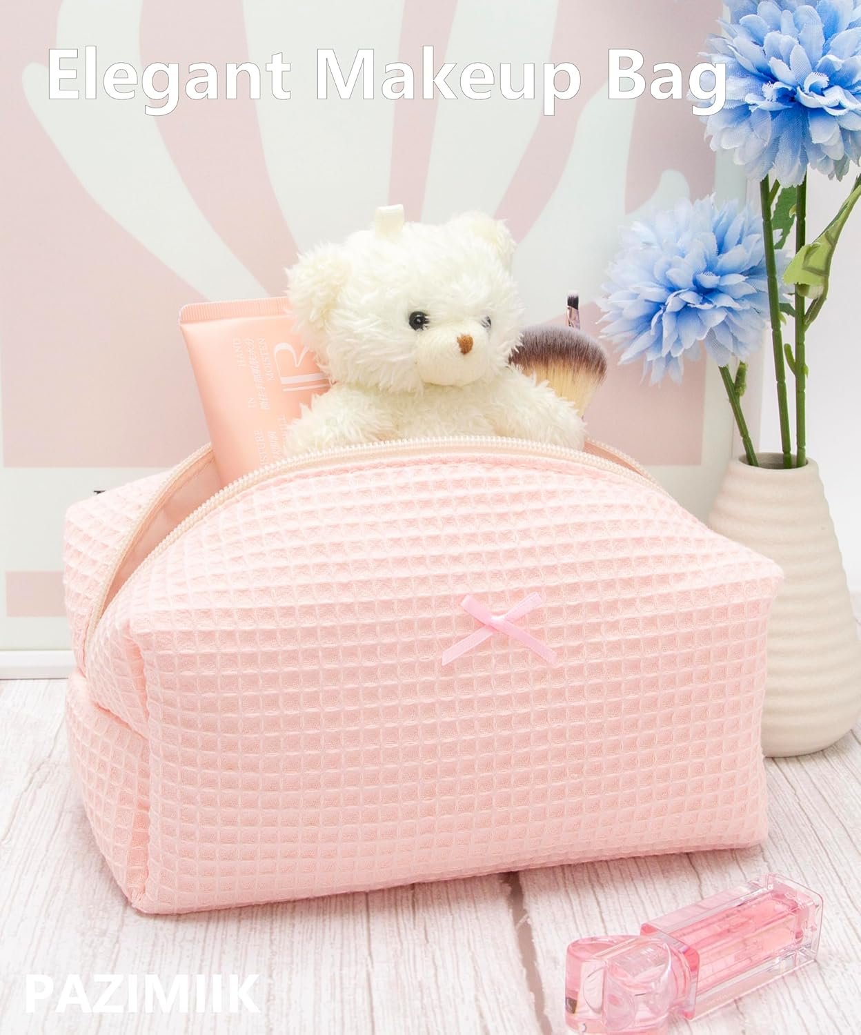 Cozy Makeup Bag Travel Cosmetic Bag for Women Soft Toiletry Bag Aesthetic Makeup Organizer Portable Large Zipper Pouch for Skincare Beauty Accessories Brushes Waffle Check Light Pink - Image 2