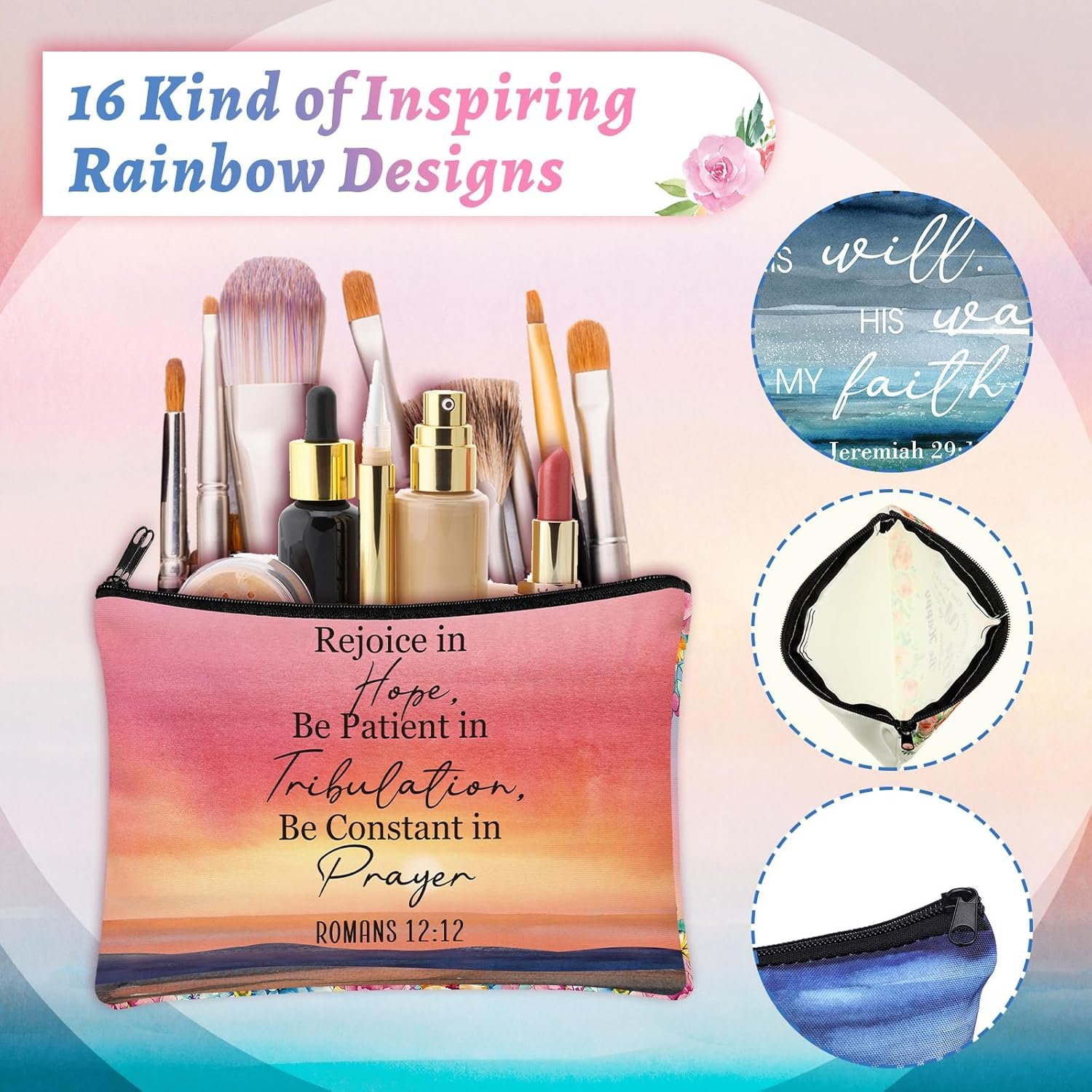 Hillban 32 Pcs Canvas Cosmetic Bag Bulk with Inspirational Quote Keychains Women Canvas Makeup Bag Graduation Gift Travel Toiletry Coin Pouch for Graduation Mother's Day Birthday Party (Landscape) - Image 2