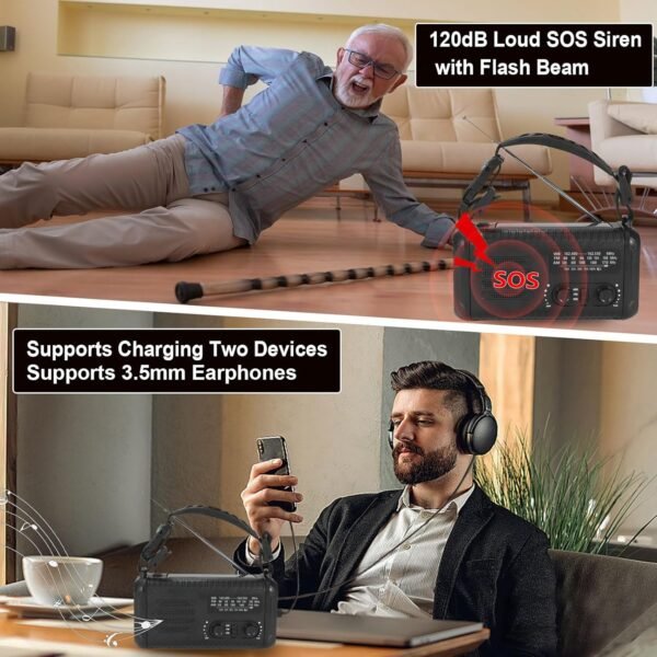 Emergency Weather Radio (Condor 1) NOAA/AM/FM with 74000mWh Portable Radio, USB-C/Solar/Hand Crank Charging, SOS Alarm, Flashlight, Reading Lamp & Survival Handle Kit for Indoor/Outdoor (Black) - Image 6