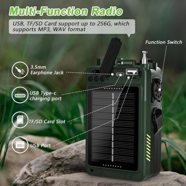 Greadio Portable Shortwave Radios with NOAA Weather Radio, 14800mWh Digital Radio AM FM with Bluetooth 5.4, Crank/Solar/USB Charging, Support USB/TF, Charger Pack/SOS/Flashlight for Outdoor, Emergency - Image 6