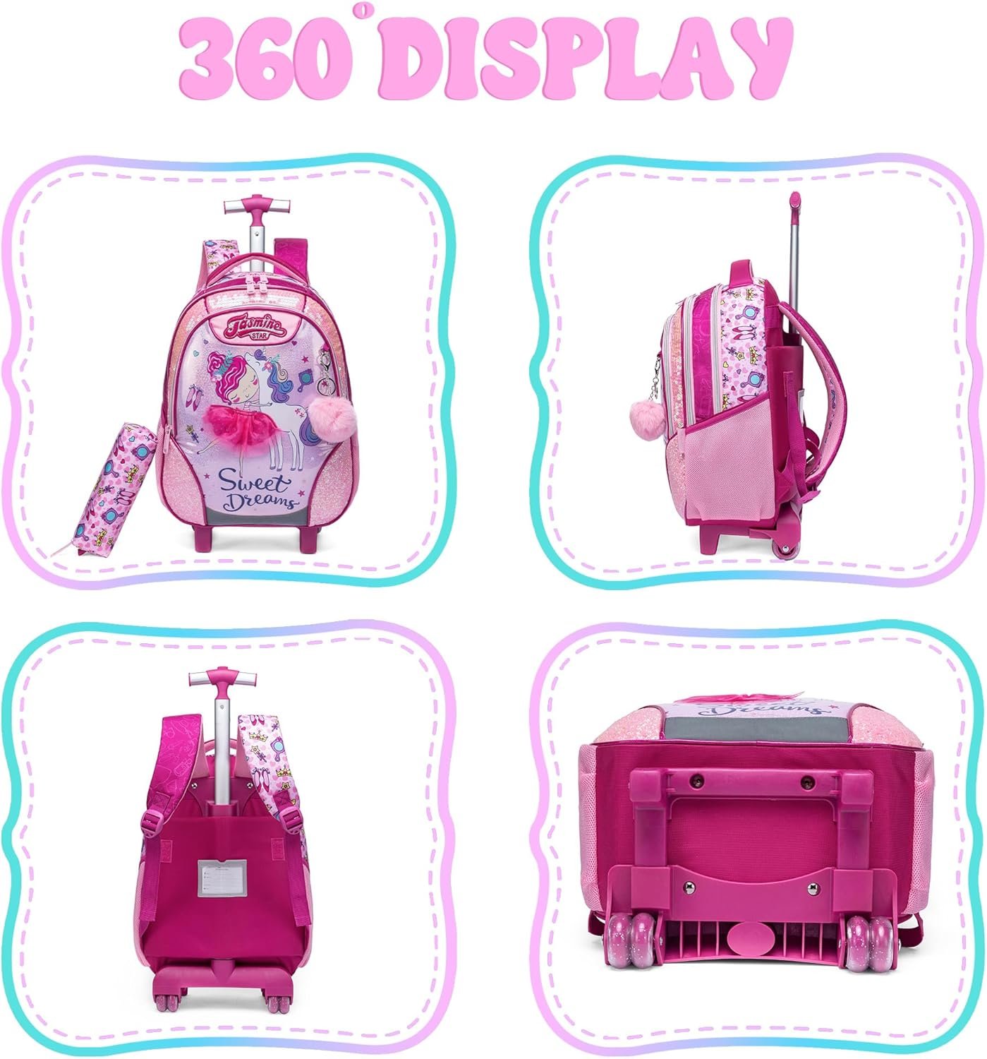 Girls Rolling Backpack Kids Trolley School Bag with Wheels Roller Backpacks for Girls 10-12 School Rolling Backpack for Kids with Lunch Box Pencil Case - Image 3