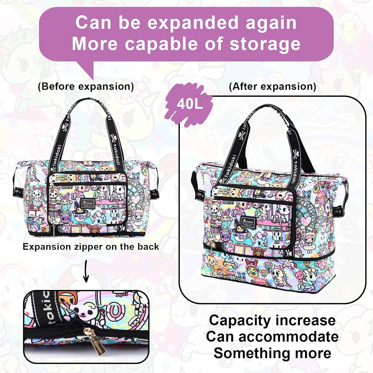 Tokidoki Unicorno Foldable Duffle Bag for Travel, 40L Expandable Weekender Bags with Trolley Sleeve Overnight Bags for Travelling (Colorful) - Image 3