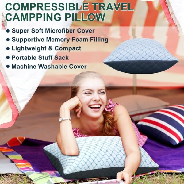 Gehannah Travel Pillow - Compressible Camping Pillow for Sleeping, Shredded Memory Foam Pillow with Storage Bag Compact Supportive (Grey, Large(2 Pack)) - Image 2