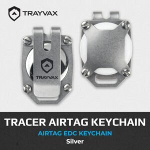Trayvax Tracer Apple Airtag Keychain, Stainless Steel Air Tag Holder Key Chain with Pocket Clip, and Lanyard Hole, Silver