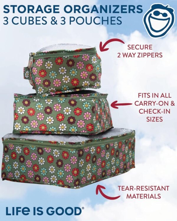 LIFE IS GOOD 6 Piece Packing Cube Set - Tear Resistant Mulifunctional Apparel and Accessory Storage, Happy Daisy - Image 2