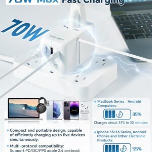 Universal Travel Adapter 70W, Plug Adapter with One 65W Fast Charging USB C Cable, 1XUSB-C PD & 2XUSB-A QC, Best Gift Travel Essentials with Type A, C, G, I,J,D Outputs for Europe, Spain