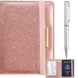 Caweet Passport Holder and Vaccine Card Holder Combo RFID Blocking Leather Vaccination Card Wallet with Elastic Band Closure, Glitter Rose Gold