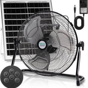 14″ Solar Powered Fan, 18000mAh Rechargeable Floor Fan, 20W Solar Panel & AC Charger with Remote, 12 Speeds, 5-24 H, Timer, Wireless, 120° Tilt, for Indoor Home Outdoor Camping Yard Hurricane Outage